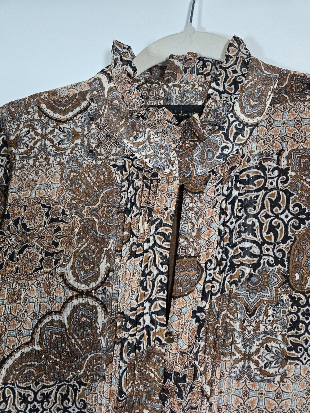 House Of Harlow 1960 Brown Tan Boho Paisley Sparkle Chiffon Peplum Dress Size 10 - Picture 4 of 16